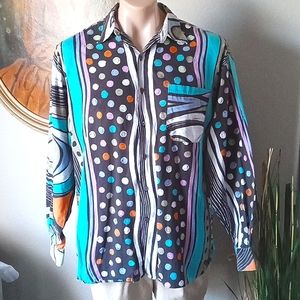 VTG RARE Paul Smith Colorful Abstract Wavey Stripe & Polkadot Dress Shirt. 2XL